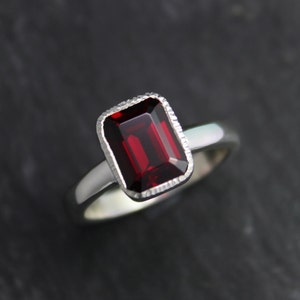 Garnet Ring, 9x7 Textured Bezel Set Garnet Ring, January Birthstone Ring, Garnet Solitaire Ring, Eco Silver, Ready to Ship Size 6.5