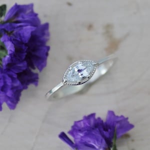 Marquise White Sapphire Ring,  Sterling Silver, Vintage Inspired East to West Ring, Sideways Marquise Ring, Milgrain, Made to order