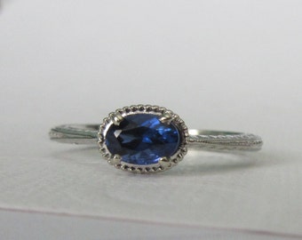 White Gold and  Oval Sapphire Ring Vintage inspired East West oval ring