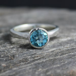 Swiss Blue Topaz Ring in Sterling Silver, Bezel Set Ring, 7mm Round Gemstone, Blue Topaz Solitaire Ring, Cocktail, Made to order