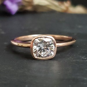 14k Rose Gold 6mm Moissanite Ring, Cushion Cut 6mm Bezel Set Ring, Diamond Alternative Engagement Ring, EcoFriendly, Ready to Ship Gold Ring