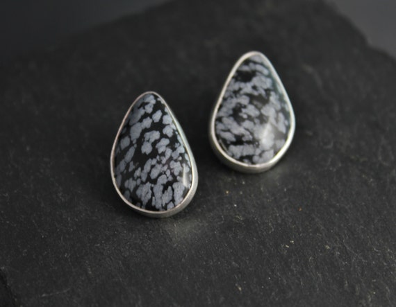 Snowflake Obsidian Gemstone Stud Earrings Sterling Silver