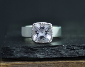 Sterling Silver White Topaz Bezel Set Ring, Cushion 8mm Square White Topaz, Cocktail Ring, Wide Band, Made to order