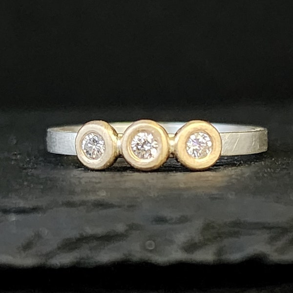 Three Stone Diamond Pebble Ring, Sterling Silver & 14k Yellow Gold, 2mm Wide Band, Modern Button Ring, Made to Order