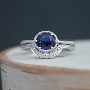 Oval Sapphire 14k White Gold Ring, Vintage Inspired East West Ring, Wedding Engagement Set, One of a Kind, Made to order