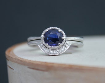 Oval Sapphire 14k White Gold Ring, Vintage Inspired East West Ring, Wedding Engagement Set, One of a Kind, Made to order