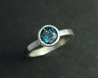 London Blue Topaz Ring, Textured Bezel Halo Ring, Sterling Silver, 6.5mm Round Gemstone, Blue Topaz Ring, Ready to Ship Size 7