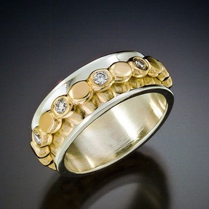 14 kt yellow gold eternity band with diamonds pebble ring stackable ring with 8mm wide silver band