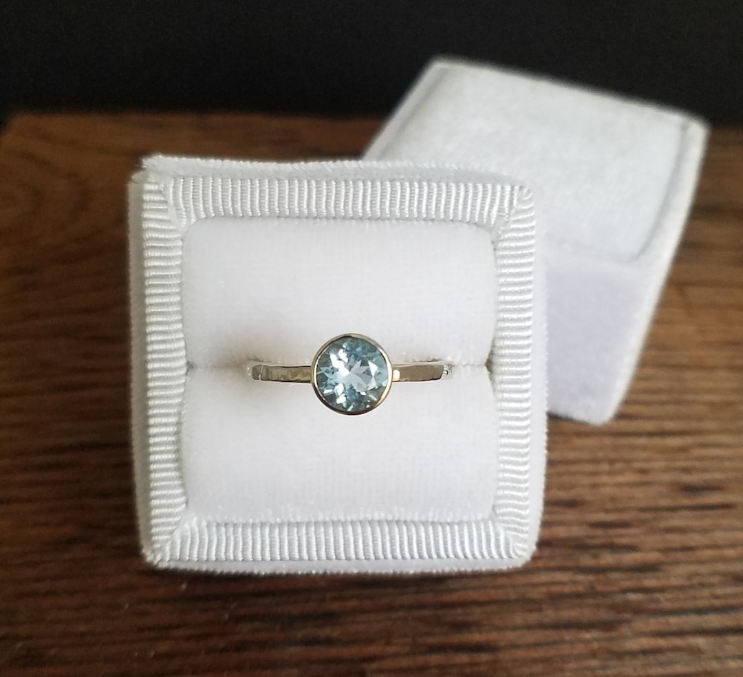 Aquamarine Bezel Set Ring - 14k White Gold Round Aquamarine Ring - Alternative Engagement 