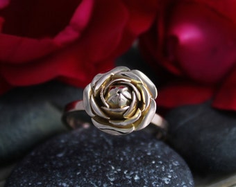 14k Rose Gold Rose Ring, Flower Ring, Statement Ring, Inspired by Nature, Organic Natural Ring, Stackable Ring,  Made to order