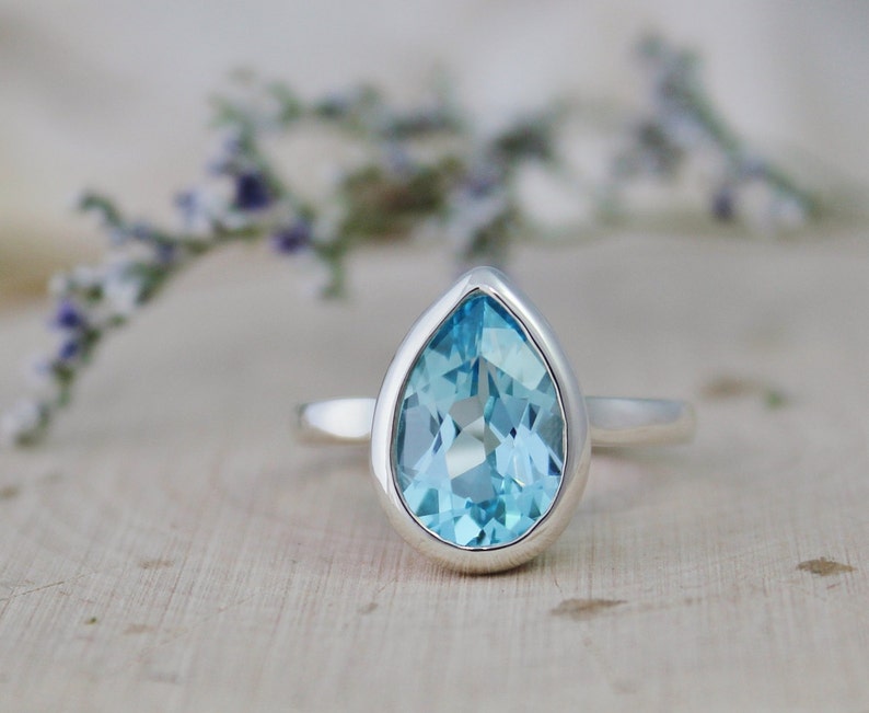 Ready to Ship Size 6.5 Sterling Silver Pear Shape Blue Topaz Ring December Birthstone Jewelry Solitaire Blue Topaz