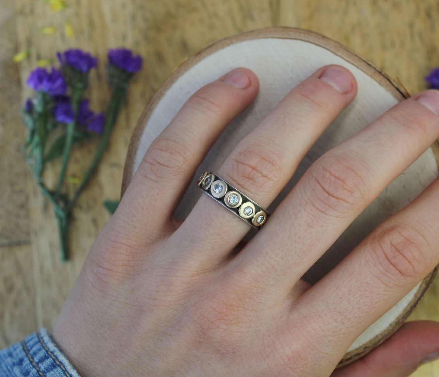 Sterling Silver 14k Yellow Gold 6 Stone Diamond Pebble Ring, 6mm Wide ...