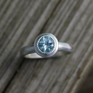 Sky Blue Topaz Ring, Halo Ring, Vintage Inspired Milgrain, 6mm Round Gemstone, Comfort Fit Ring, Low Profile Ring, Made to order ring