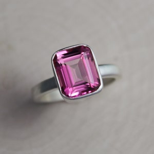 Pink Topaz Ring, Emerald Cut Topaz Ring, October Birthstone, Sterling Silver Pink Cocktail Ring, 8 x 10mm topaz, Ready to Ship Size 7