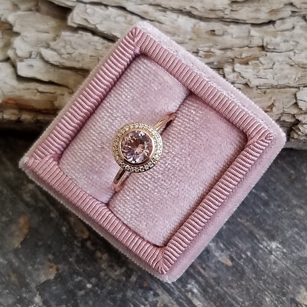 14k Rose Gold MorganiteHalo Ring, Engagement Ring, Modern Bride, Diamond Halo, Morganite Solitaire with Accents,  Made to order