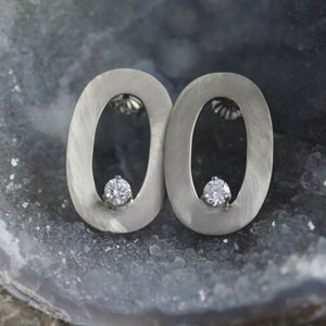 Brushed 14k White Gold Diamond Earrings - Drop Earrings - Oval Earrings - Ready to Ship