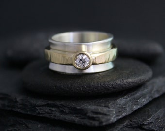 Sterling Silver and 14k Yellow Gold Diamond Ring, Mixed Metals Diamond Ring, Solid Gold and silver Ring, Ready to Ship 5.5-6