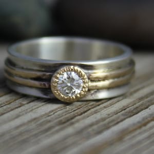 Moissanite Sterling silver 14k yellow gold ring  6mm wide alternative unique ring Ready to ship size 7