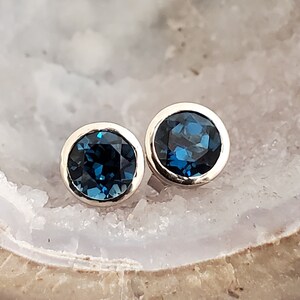 Ready to Ship London blue Topaz bezel set stud  earrings in 14k white gold with peek a boo open bezels in solid gold statement earrings