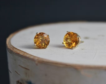 Citrine 14k Yellow Gold Stud Earrings, 8mm Round Citrine Studs, November Birthstone Earrings, Made to Order in 3 to 5 days