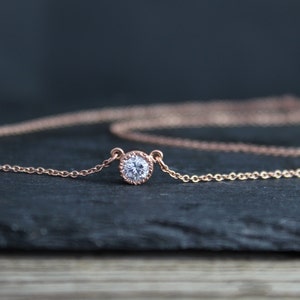 14k Rose Gold Diamond Pendant Necklace, Diamond Solitaire, Textured Bezel Set Diamond Necklace, .25 Round Diamond, Ready to Ship Neckwear