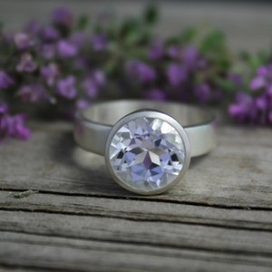 Brushed Sterling Silver White Topaz Ring - Round 10mm Bezel Set Ring - Bling Ring - Ready to Ship Size 8