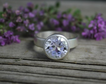 Brushed Sterling Silver White Topaz Ring - Round 10mm Bezel Set Ring - Bling Ring - Ready to Ship Size 8