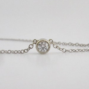 14k White Gold Diamond Pendant Necklace, .25 Round Diamond, Bezel Set Diamond, Simple Diamond Necklace, Ready to Ship Neckwear