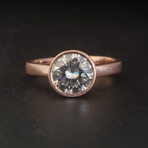 14k Rose Gold Moissanite Charles and Colvard Forever One Ring, Bezel Ring, Engagement Ring, Bridal Set, Conflict Free Made to order