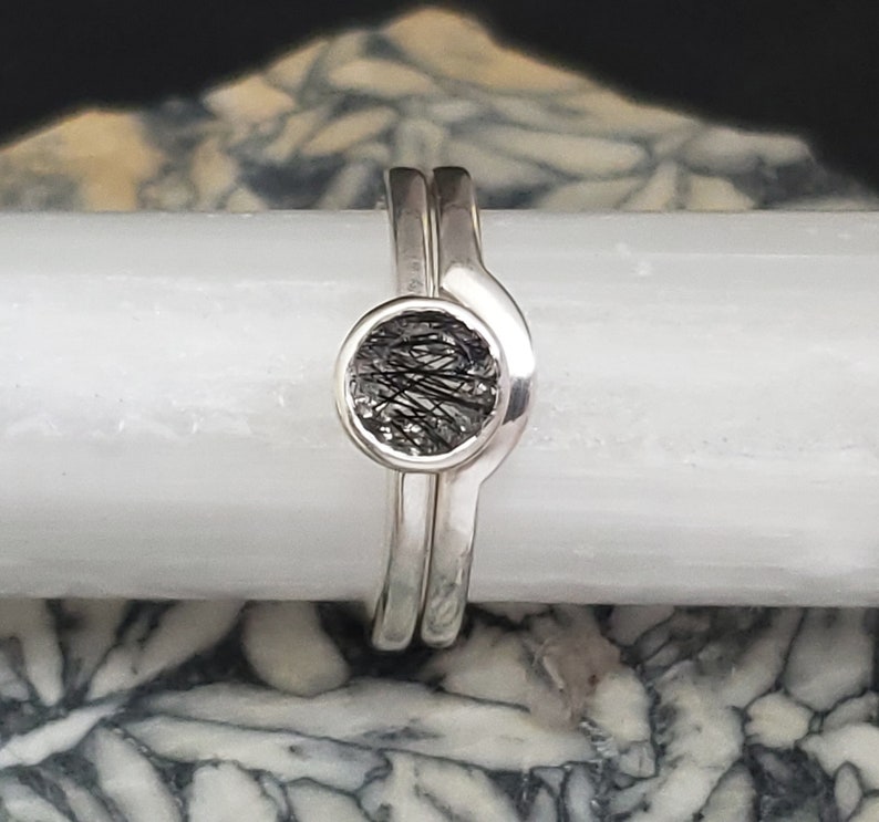 Tourmaline in quartz sterling silver solitaire ring set engagement peek a boo round setting fun ring bezel set ring with matching band