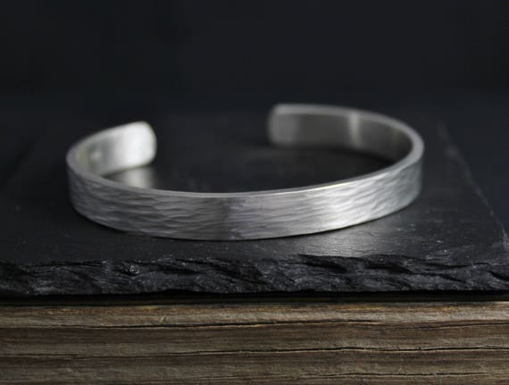 Sterling Silver Hammered Cuff Bracelet, 8mm Wide Silver Cuff, Mens