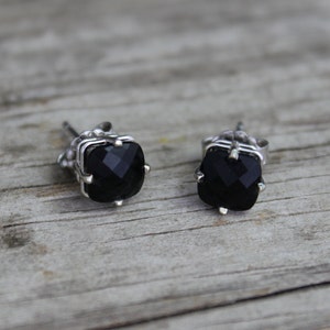 Black Onyx 14k White Gold Stud Earrings,  6mm Black Onyx Studs, Gemstone Earrings, classic black square cushion, checkerboard cut cushion