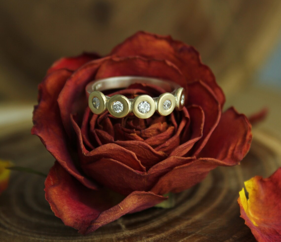 Sterling Silver and 14k Yellow Gold Pebble Ring, Five Stone Diamond ...