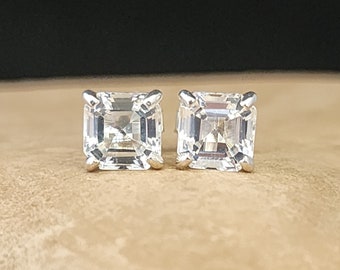 Asscher Cut White Topaz sterling silver 6mm Studs,  Ready to ship claw prong studs ON SALE!