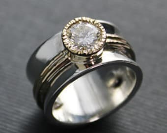 Sterling silver  14k yellow gold 6mm moissanite  10mm wide ring//wedding//engagment//