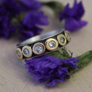 Sterling Silver 14k Yellow Gold 6 Stone Diamond Pebble Ring, 6mm Wide Band, Mixed Metals, Diamond Pebble Band, Oxidized Silver