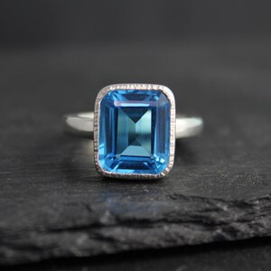 Octagon Emerald Cut Blue Topaz Ring - Sterling Silver Bezel Set Ring - 10mm x 12mm Blue Topaz - Big Gemstone Ring - Ready to Ship Size 7