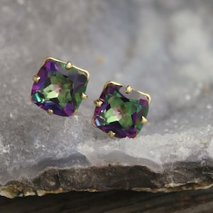 Mystic Topaz Gold Stud Earrings 8mm - 14k Yellow Gold Studs - Cushion Cut Mystic Topaz Earrings - Ready to Ship