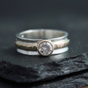 Salt and Pepper Diamond Ring, 14k Yellow and Sterling Silver, One of a Kind, Mixed Metals, Organic, Concave, Made to order