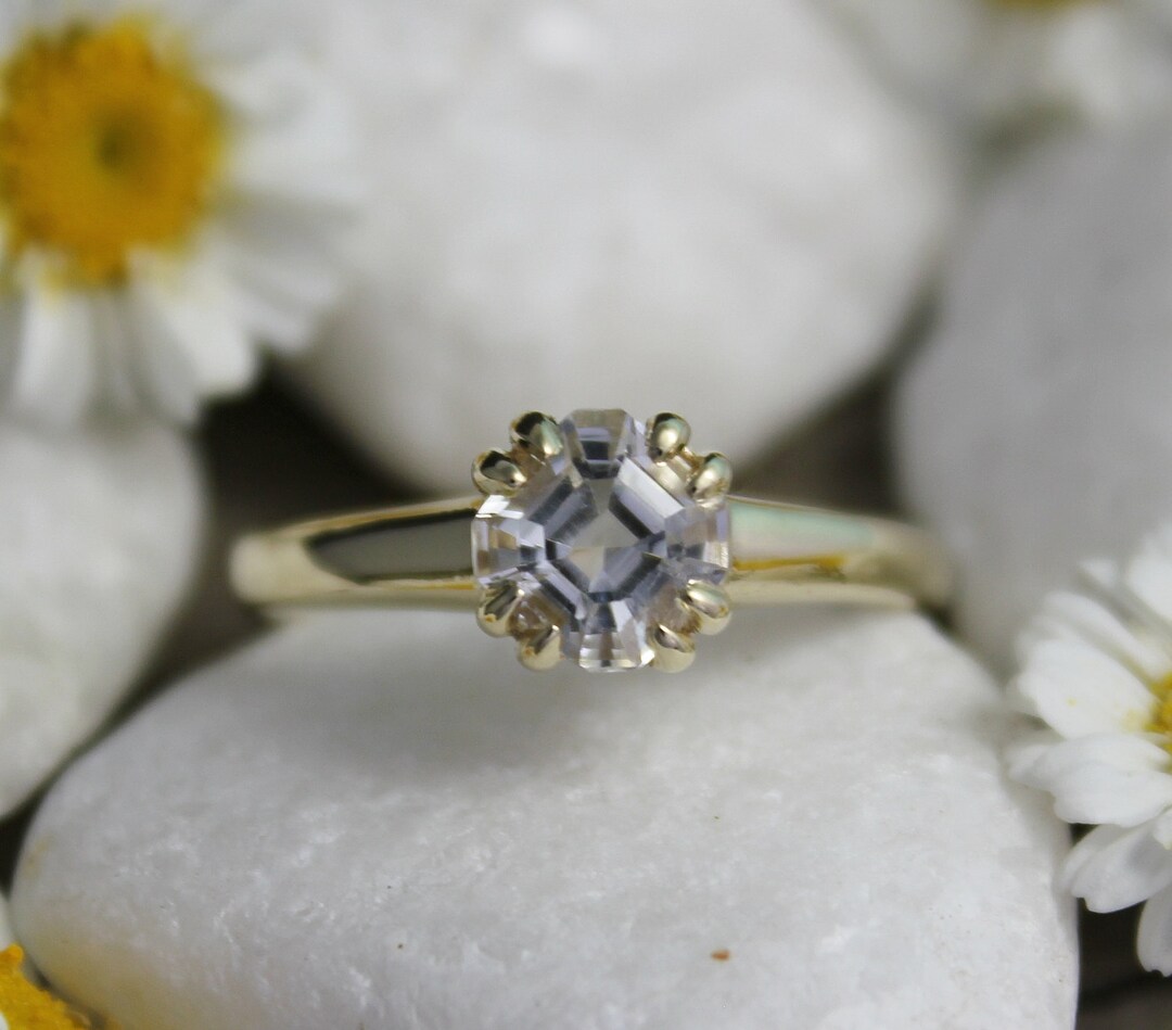日本限定 Gold Yellow 14k White Topaz White Cut Asscher Ring, Topaz アクセサリー