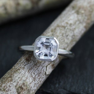 Asscher Cut White Topaz Ring, Peekaboo Bezel Set Ring, 14k White Gold, Alternative Engagement Ring, Made to Order