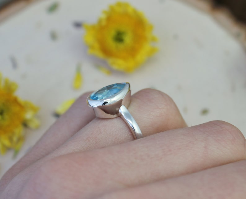 Ready to Ship Size 6.5 Sterling Silver Pear Shape Blue Topaz Ring December Birthstone Jewelry Solitaire Blue Topaz