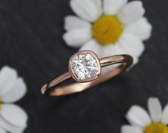 14k Rose Gold 5mm Moissanite Ring, Cushion Cut Bezel Set Ring, Diamond Alternative Engagement Ring, Eco Friendly, Ready to Ship Gold Ring