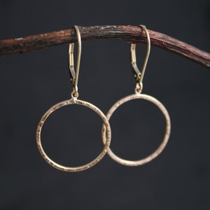 Hammered Yellow Gold Hoop Earrings, 14k Yellow Gold Earrings, Dangle Earrings with Leverbacks, Dangle Circle Hoops, Made to order