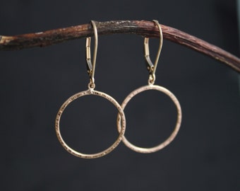 Hammered Yellow Gold Hoop Earrings, 14k Yellow Gold Earrings, Dangle Earrings with Leverbacks, Dangle Circle Hoops, Made to order