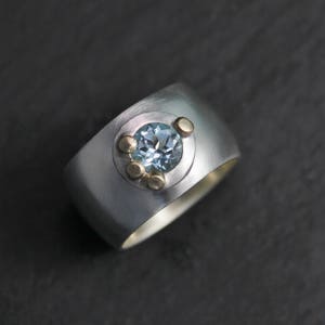 12mm Wide Sky Blue Topaz Ring, 18k Yellow Gold Accents, Pebble Ring, Sterling Silver Button Ring, Domed Ring, Made to Order