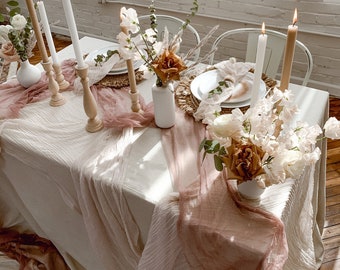 Chemin de table en étamine de mariage en or rose et serviettes de table, pièce maîtresse de la décoration