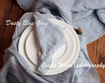 Hand Dyed David's B Dusty Blue Cheesecloth Table Runner & Napkins: Boho Wedding Decor,  Bridal Shower
