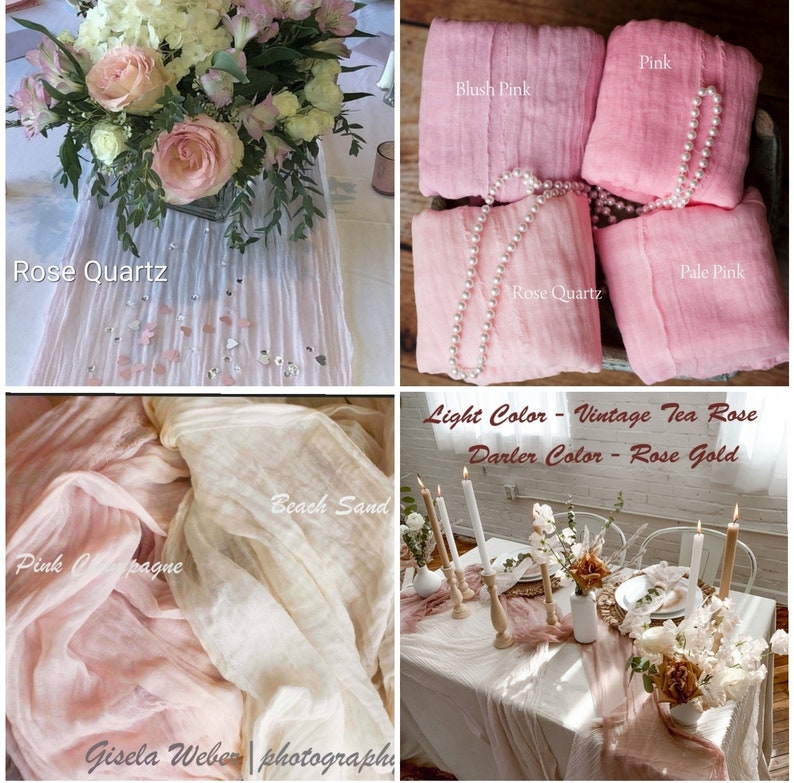 May include: A set of four sheer fabric table runners in various shades of pink, including blush pink, pale pink, and rose quartz. The fabric is lightweight and has a crinkled texture. The runners are displayed on a white surface with a pearl necklace draped over them. The text "Light Color - Vintage Tea Rose" and "Darler Color - Rose Gold" is visible in the image.