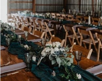 Dark Green Cheesecloth Table Runner, Green Woodland Table Centerpiece Wedding Decor, Hand Made Gauze Table Linen Rustic